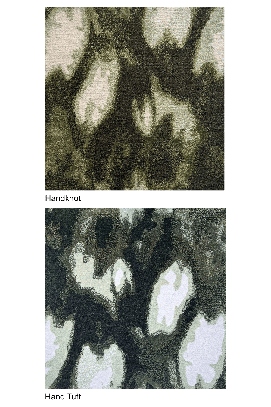 Close-up image of the Shibori-Mackeral-Sky rug sample, showcasing both hand-knotted and hand-tufted techniques.